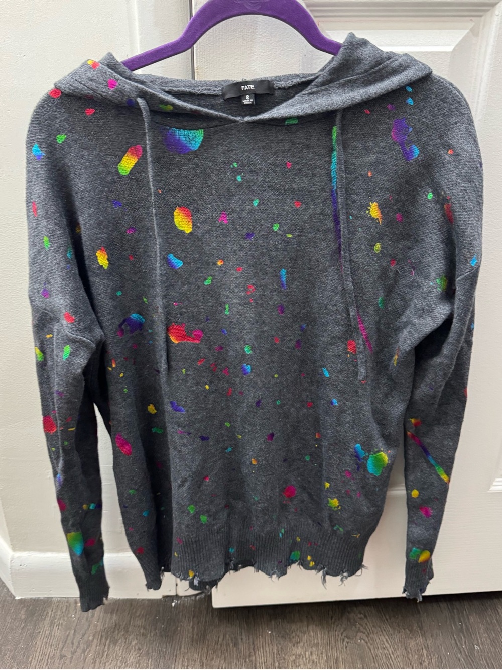FATE Charcoal Gray Hooded Sweater with Multicolor Paint-Splatter
